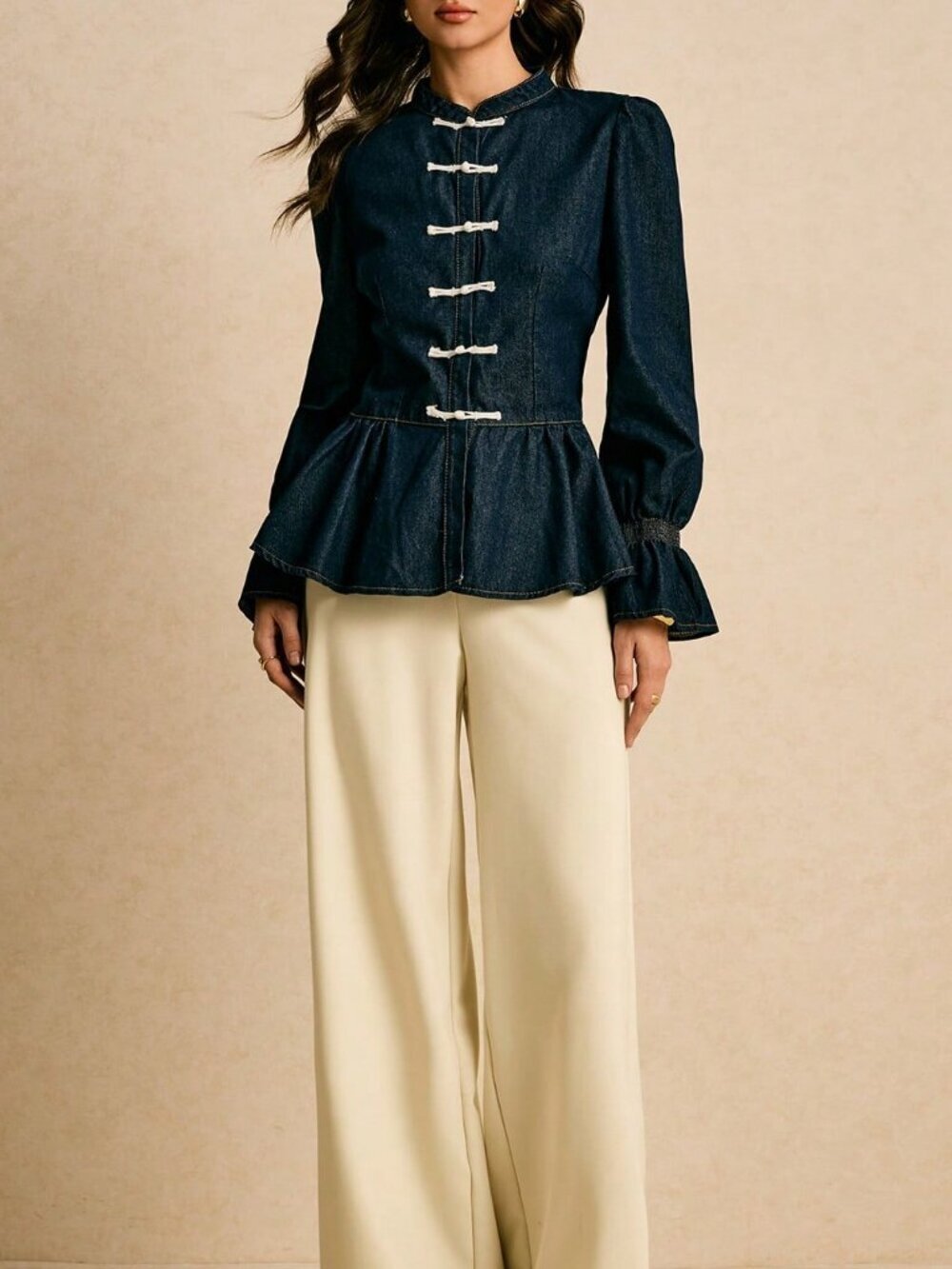Dark Wash Elegant Women's Darin Collar Pleated Western Blouses Denim Tops